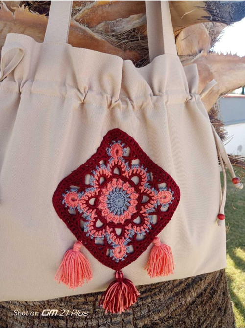 Büzgülü, Bordo Otantik Kare Motifli Tote Bez Omuz Çantası
