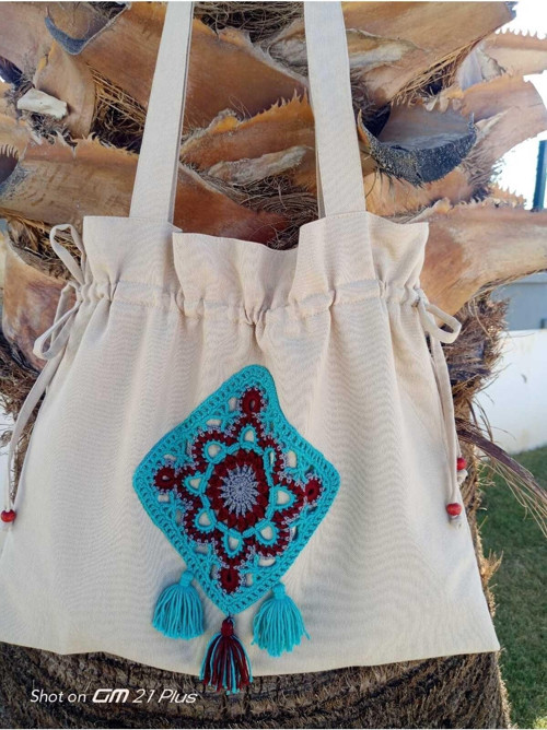 Büzgülü, Fıstık Yeşili Otantik Kare Motifli Tote Bez Omuz Çantası