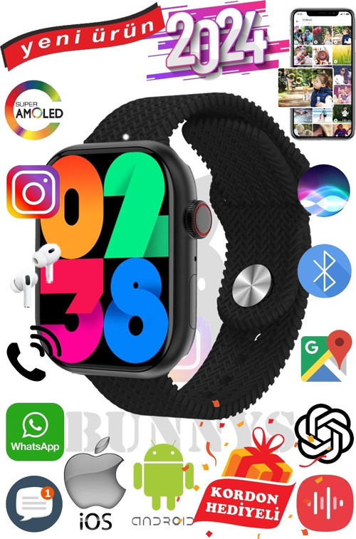 Samsung Galaxy A30s Uyumlu Akıllı Saat Watch 9 Max+2024 45mm Kordon Hediyeli Amoled Ekran