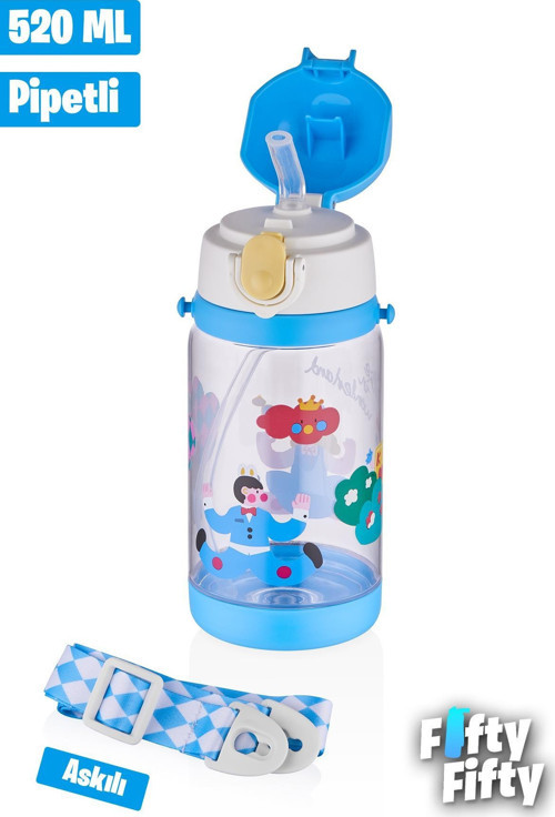 Diller 520 ML Kalın Pipetli Tritan Su Matarası -Taşıma Askılı-Okul Çocuk Matarası -FFD2408