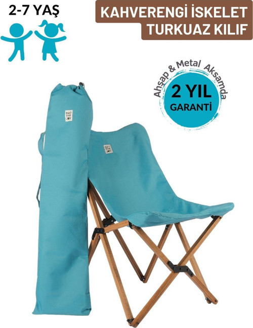 Kids Ahşap Katlanır Kamp & Bahçe Sandalyesi – Kahverengi İskelet - Turkuaz Kılıf