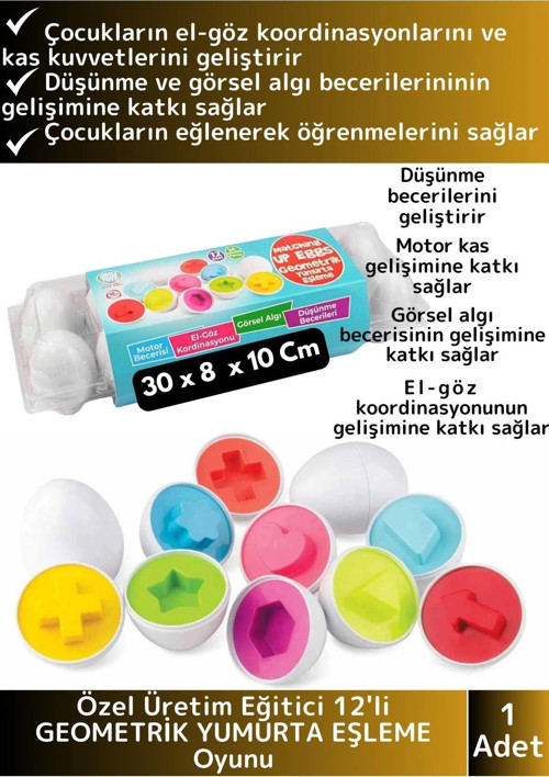 Premium Çocuk Eğitici El Göz Koordinasyonu Zeka Geliştirici 12'li Geometrik Yumurta Eşleme Oyunu