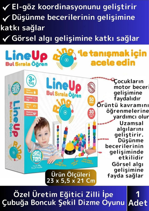 Premium Görsel Algı Dikkat Zeka Geliştiren Eğlenceli Zilli İpe Çubuğa Boncuk Şekil Dizme Oyunu