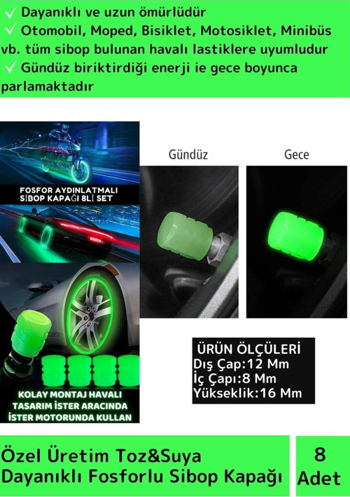 Premium Fosforlu Yeşil Sibop Kapağı Otomobil Bisiklet Motosiklet, Minibüslerle Uyumlu 8'li
