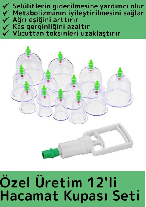Özel Üretim Yüksek Kaliteli Selülit Çatlak Giderici Vakumlu 12'li Hacamat Kupası Seti