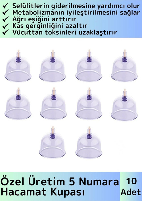 Özel Üretim Yüksek Kaliteli Selülit Çatlak Giderici Vakumlu 5 Numara Hacamat Kupası 10 Adet