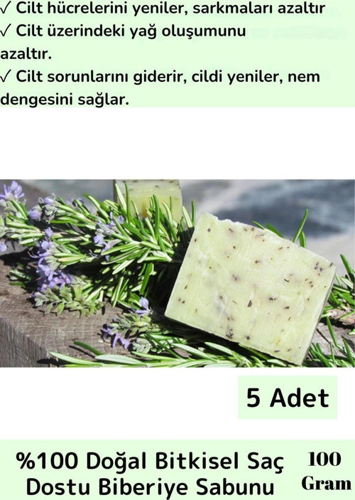 Özel Üretim %100 Organik Bitkisel Saç Dostu El Yüz Cilt Vücut Doğal Biberiye Sabunu 3 Adet