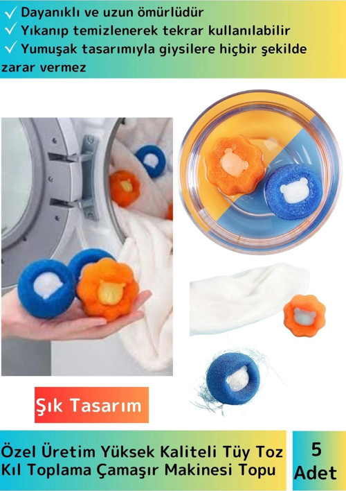 Premium Çamaşır Makinesi Tüy Toz Kıl Toplama Topu Temizlenebilir&Tekrar Kullanılabilir 5'li Set