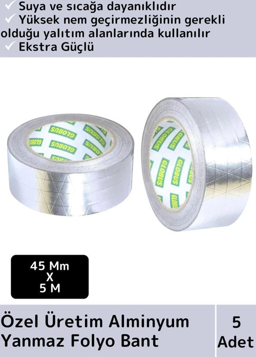 Premium Seri Suya Sıcaklığa Dayanıklı Tamir Soba Boru Yama Alüminyum Yanmaz Folyo Bant 45mm-5mt 5 Ad