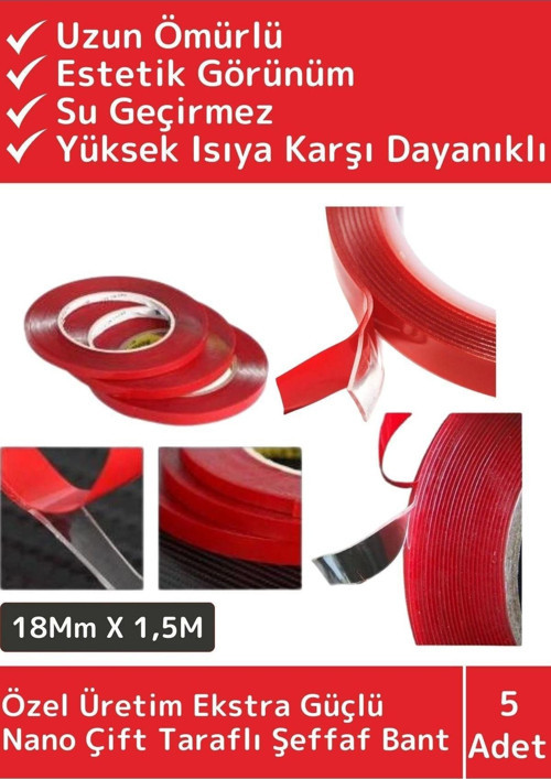 Premium Seri Ultra Güçlü Çok Amaçlı Tamir Cam Dış Mekan Montaj 1,5mt Çift Taraflı Şeffaf Bant 5 Adet