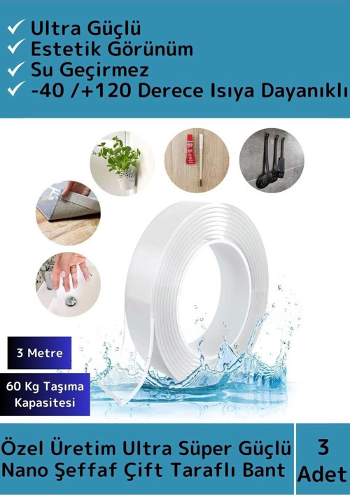 Premium Seri Ultra Süper Güçlü Yüksek Mukavemetli Nano Çift Taraflı Doku Şeffaf Bant 3 Metre 3 Adet