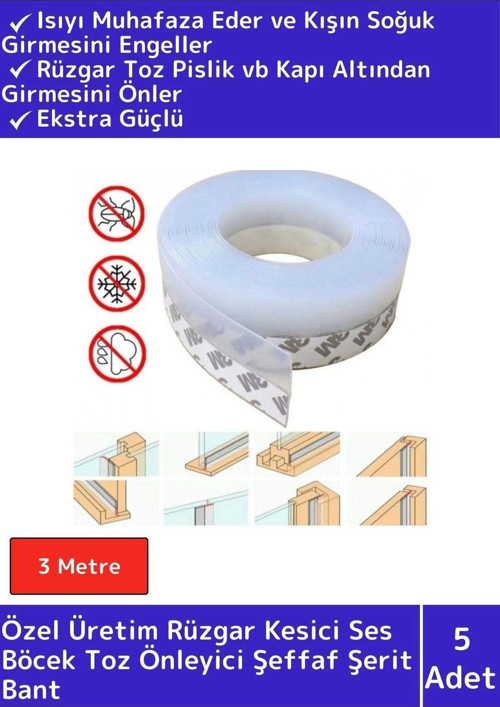 Özel Üretim Rüzgar Ses Böcek Toz Önleyici Kapı Pencere Isı Izolasyon Şeffaf Şerit Bant 3 Mtre 5 Ad