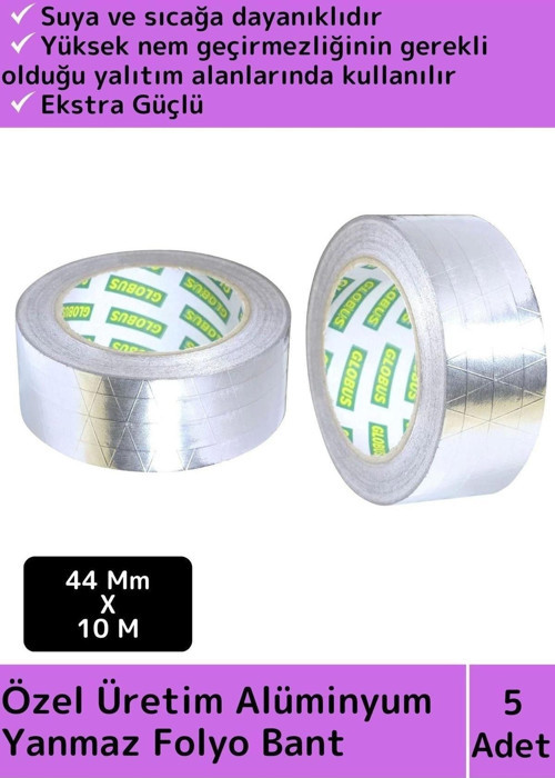 Premium Suya Sıcaklığa Dayanıklı Tamir Soba Boru Yama Alüminyum Yanmaz Folyo Bant 44Mm-10Mtr 5Ad