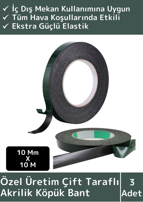 Premium Ultra Güçlü İz Bırakmaz Elastik Yapılı Çift Taraflı 10mm-10Metre Akrilik Köpük Bant 3 Ad