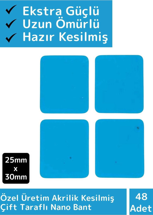 Özel Üretim Süper Güçlü Akrilik Çift Taraflı Hazır Kesilmiş 25x30 Mm Asma Bant 48'li