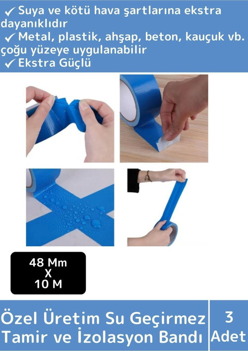 Özel Üretim Süper Güçlü Su Geçirmez Mavi Çok Amaçlı Tamir ve İzolasyon Bandı 48mm x 10m 3 Adet