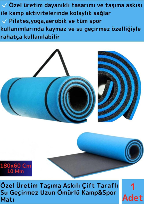 Özel Model Taşıma Askılı Çift Taraflı Kaymaz Su Geçirmez Pilates Kamp Fitness Yoga Matı Mavi 10 Mm