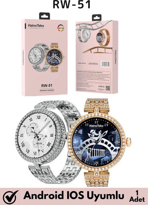 Premium Yuvarlak Amoled Ekran Taşlı Çift Kordonlu RW 51 Kadın Akıllı Saat Kol Saati Watch Rose Gold