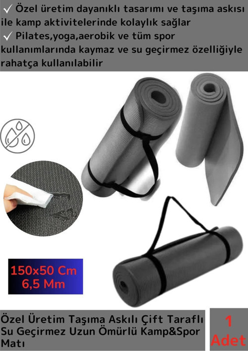 Premium Taşıma Askılı Çift Taraflı Kaymaz Su Geçirmez Pilates Kamp Fitness Yoga Matı Gri 6,5 Mm
