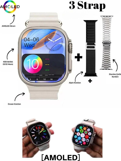 Watch Ultra Yeni Sürüm Hello 3 Amoled Ekran Tüm Telefonlara Uyumlu Akıllı Saat 3 Strap