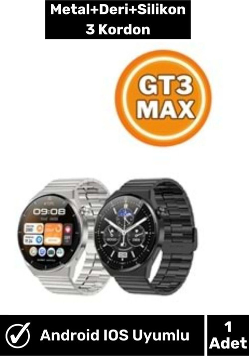 3GT MAX Smart Watch 1.45 inç P Design Siri Nfc Bluetooth Antrasit Siyah Akıllı Saat 3x Kordon