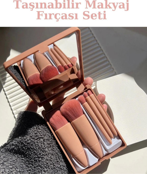 Çanta Boy Aynalı 5'li Makyaj Fırça Seti Göz Farı&Fondöten&Allık Karıştırma&Makyaj Fırçaları