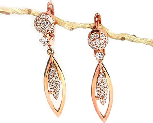 Gümüş Üzerine rose altın kaplamalı zirkon taşlı gümüş sallantılı küpe