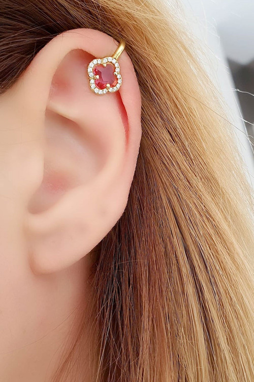 Pembe Zirkon Taşlı 925ayar Gümüş Üzerine Rose Altın Kaplama İtalyan Sıkıştırmalı Earcuff Kıkırdak Küpesi