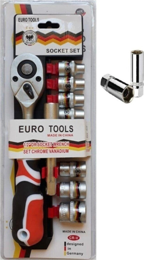 Euro Tools 1/2 Cırcırlı Lokma Anahtar Seti 11+1 Parça Üstün Kalite Krom Vanadiyum Lokma Takımı