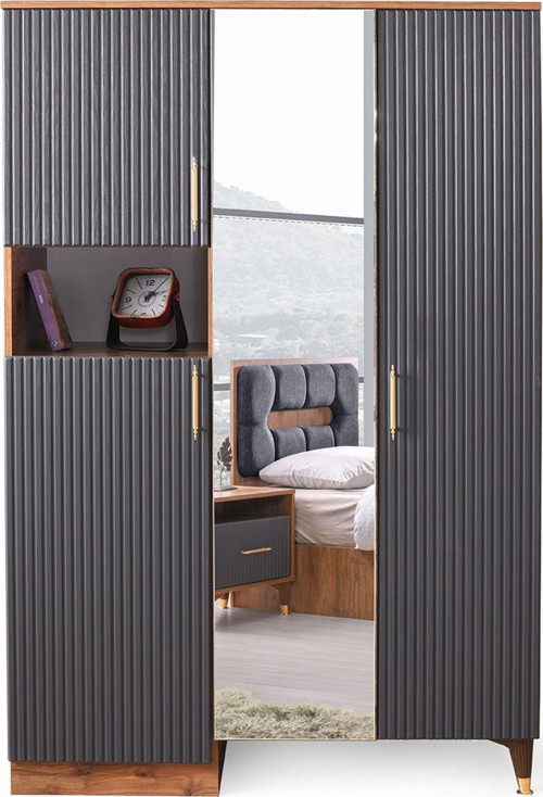 Atmaca Gardırop-mdf-130x45x200cm-3 Kapaklı-ceviz/antrasit-aynalı