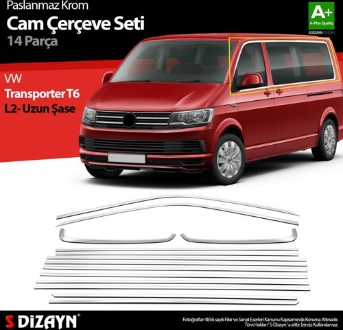 VW Transporter T6 Uzun Şase Krom Cam Çerçeve Seti 2015-2024 Tek Sürgü