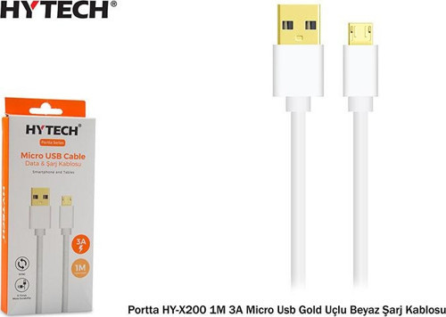 Portta HY-X200 1M 3A Micro Usb Gold Uçlu Beyaz Şarj Kablosu