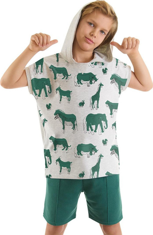 Animals Yeşil Erkek Çocuk Kapüşonlu Yazlık T-shirt Şort Takım