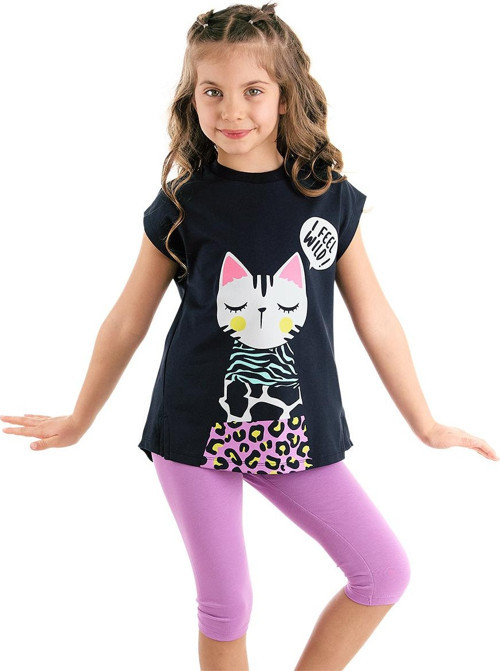 Kedili Lila Kız Çocuk Yazlık T-shirt Tayt Takım