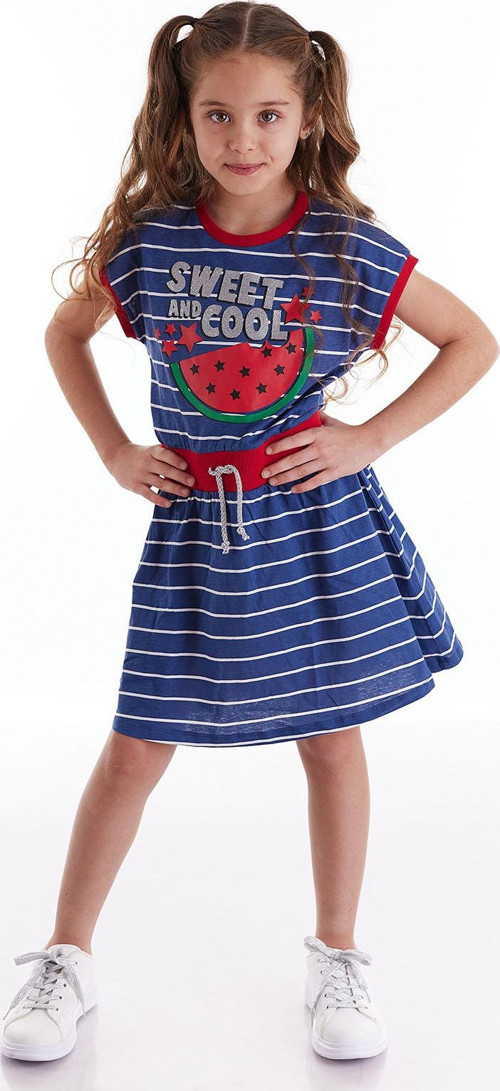 Cool Melon Çizgili Kız Çocuk Yazlık Lastikli Lacivert Elbise