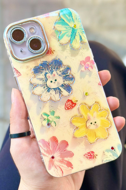 iPhone 13 Uyumlu Çiçek Desenli Kendinden Lens Korumalı Parlak Şık Hologramlı Paint Kılıf