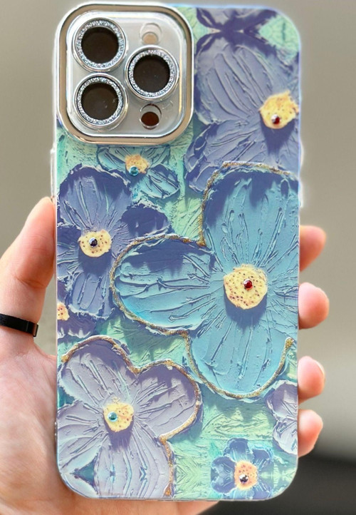 iPhone 13 Pro Çiçek Desenli Kendinden Lens Korumalı Elektrokaplama Parlak Şık Hologramlı Paint Kılıf