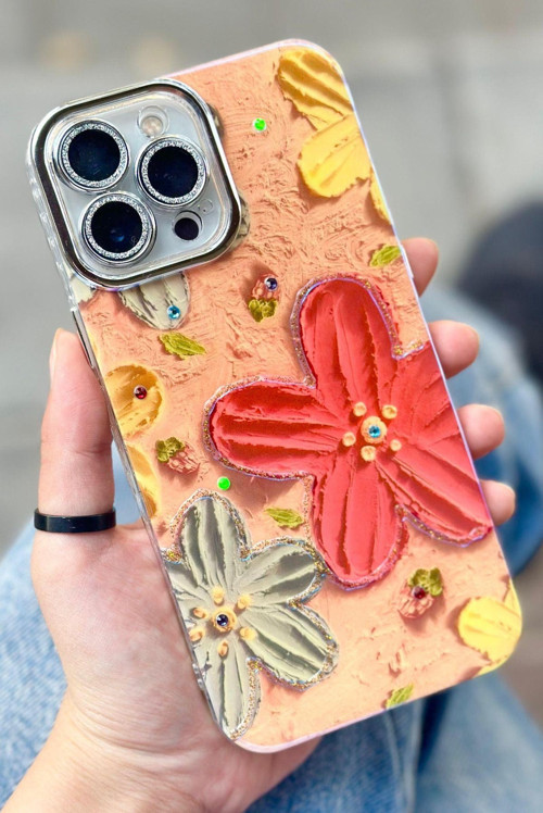 iPhone 15 Pro Uyumlu Çiçek Desenli Kendinden Lens Korumalı Parlak Şık Hologramlı Paint