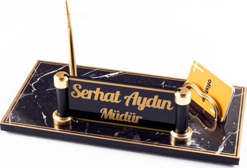 Piano Mermer Desen Ahşap Gold Kalemli Masa İsimliği Ofis Masaüstü İsimlik Seti Ekonomik İş Hediyesi