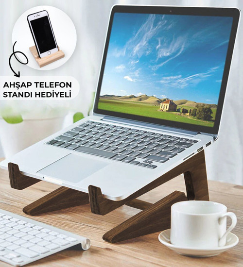 Gift Özel Tasarım Taşınabilir Ahşap Notebook Laptop Standı (Ahşap Telefon Standı Hediyeli)