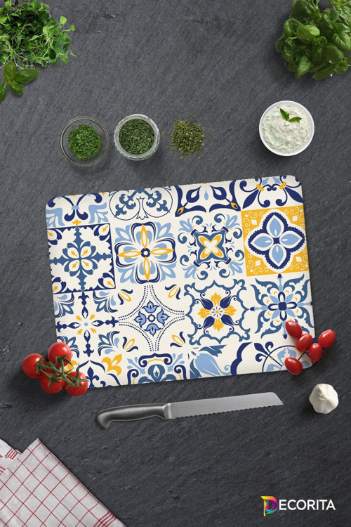 Cam Kesme Tahtası - Cam Kesme Tablası | Mavi Çini Desen | 30cm x 40cm