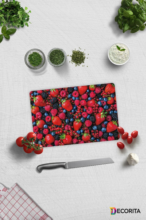 Cam Kesme Tahtası - Cam Kesme Tablası | Mor ve Kırmızı Meyveler | 20cm x 30cm