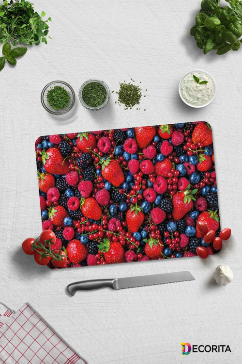 Cam Kesme Tahtası - Cam Kesme Tablası | Mor ve Kırmızı Meyveler | 30cm x 40cm