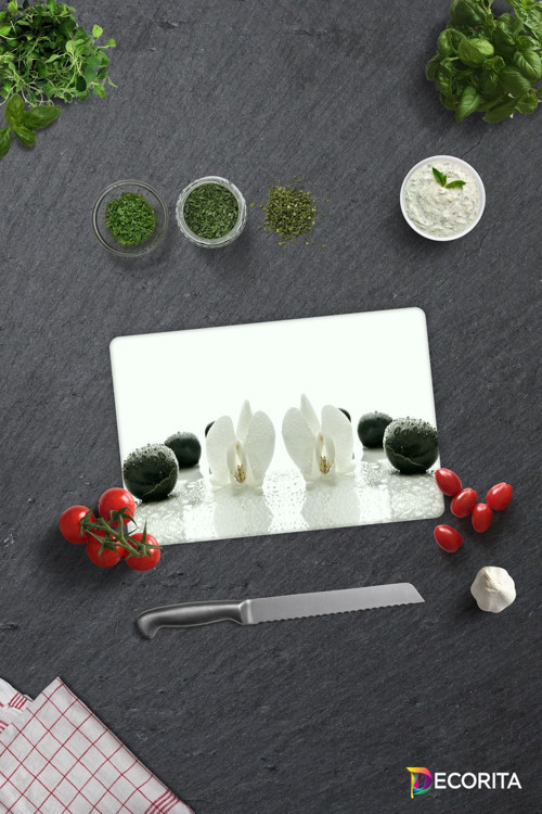 Cam Kesme Tahtası - Cam Kesme Tablası | Beyaz Orkide Siyah Oniks | 20cm x 30cm
