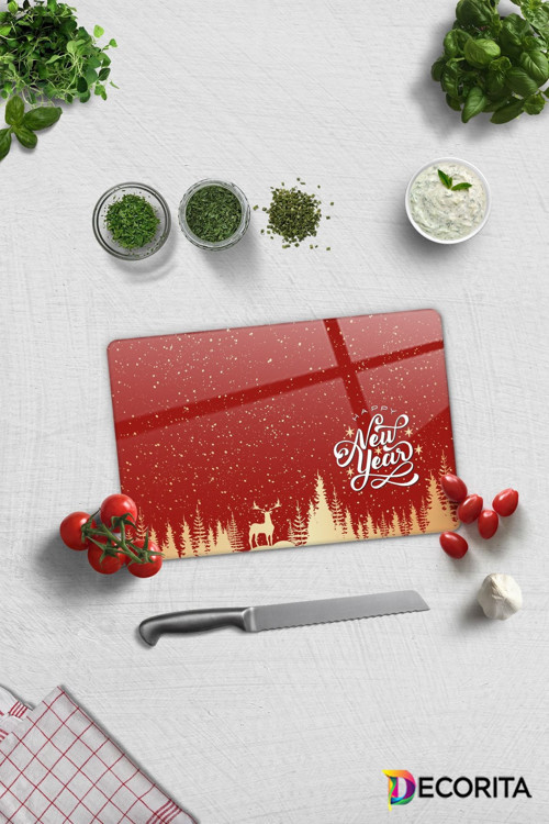 Cam Kesme Tahtası - Cam Kesme Tablası | Happy New Year Kırmızı Silüet | 20cm x 30cm