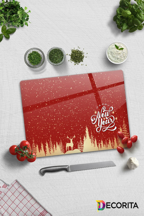 Cam Kesme Tahtası - Cam Kesme Tablası | Happy New Year Kırmızı Silüet | 30cm x 40cm