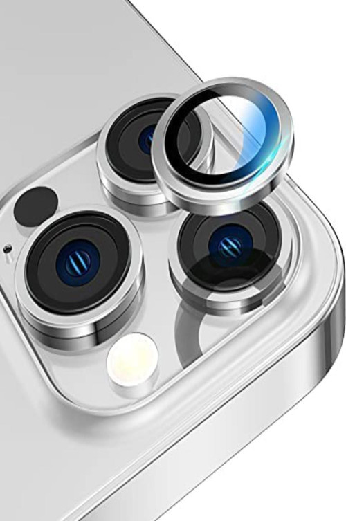Apple iPhone 14 Pro Alüminyum Alaşım Temperli Cam Kamera Lens Koruyucu - Gümüş