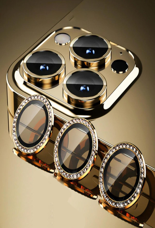 Apple iPhone 14 Pro Max Taşlı Tasarım Temperli Cam Kamera Lens Koruyucu - Gold