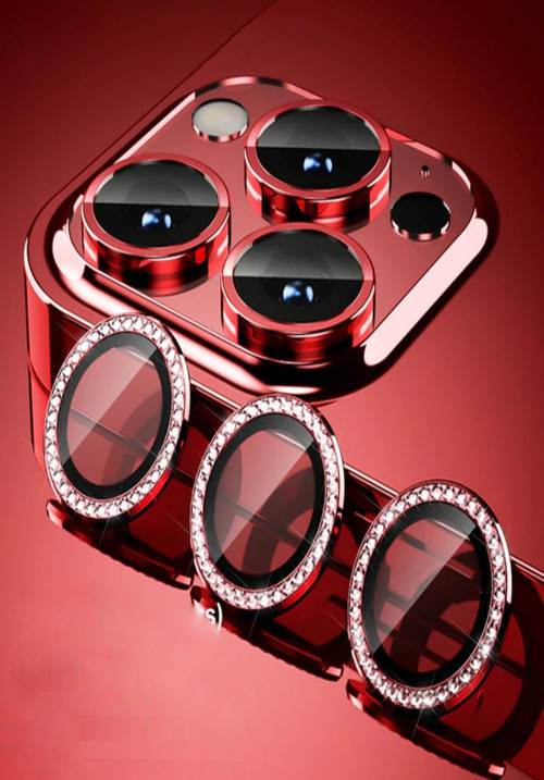 Apple iPhone 14 Pro Max Taşlı Tasarım Temperli Cam Kamera Lens Koruyucu - Kırmızı