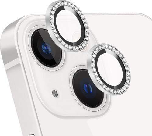 Apple iPhone 14 Taşlı Tasarım Temperli Cam Kamera Lens Koruyucu - Gümüş